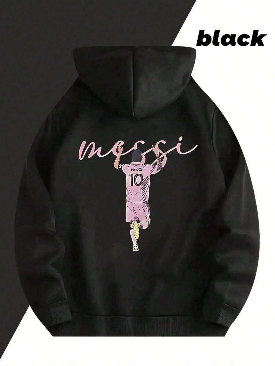 Men's Soccer Graphic Print Hooded Sweatshirt - Bright Pink With Messi Action Design & Number 10 Jersey,  Pocket, Drawstring Hood, Casual Sporty Pullover For Soccer Fans, Machine Washable All-Season ComfortWarm And Comfortable - 黑色 - 查看 1
