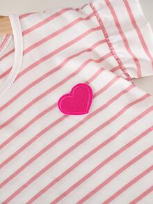 Vestido casual para niñas con cuello con bordado de corazón a rayas y volantes para el Día de San Valentín - Rosa - Ver 6