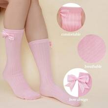 3 Pairs Girls' Knee-Length Sheer Color-Striped Bow Long Stockings For Spring And Autumn, Comfortable And Versatile For Children - Multicolor - View 7