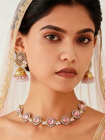 Set de 3 piezas de joyería de lujo con rhinestones, pendientes tipo jhumka con elegante borla de perlas falsas/collar estilo retro, adecuado para novias, bodas o regalos de joyería para fiestas