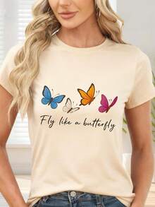 Colorful Butterfly Print T-Shirt For Casual Occasions - Apricot - View 6