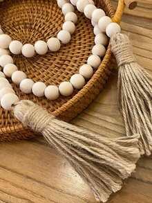 1pc 16mm Rustic Wooden Beads 58 Inches Long, Garland With Jute Tassels Farmhouse Vintage Decors, Festive Table & Living Room Handcrafted Home Ornaments Accessories - Multicolor - View 4