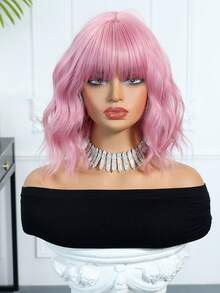 12 Inch Pink Short Curly Wave Wig With Bangs Synthetic Heat Resistant Wig For Women Comfortable And Stylish Suitable For Everyday Wear -Party Holiday Cosplay Or Festival Beautiful Wigs For Women - Pink - View 3