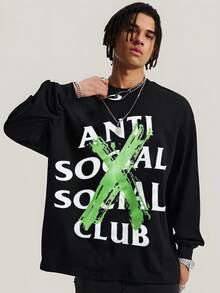 Men's Basic Long-Sleeve T-Shirt | Anti Social Club Graphic T-Shirt | Green Cross And White Lettering Design | 100% Cotton | Soft And Comfortable | Suitable For Everyday Wear | Men's Gift | Unisex Crew Neck | Made In The USA | Factory Direct - 黑色 - 查看 2