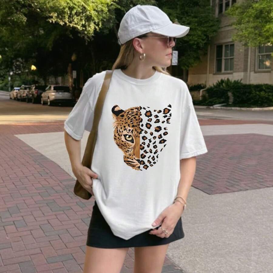 Camiseta Feminina Verão Casual Fashion Estampa Onça Pintada - Branco - Visão 1