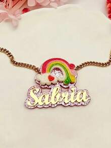 A Custom Name Necklace - Rainbow Glitter Acrylic Pendant With Stainless Steel Cuban Chain, Pink Cute Creative Jewelry, Daily Wear, Birthday Christmas Gift, Graduation Teacher's Day, Personalized Accessories, Fun Font Style - Multicolor - View 4