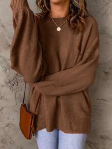 女士休闲圆领套头衫纯色落肩贴袋毛衣，长袖上衣 - 棕色 - 查看 4