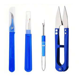 4pcs Blue Sewing Seam Ripper Set With Thread Cutter, Plastic Handle Needlework Tool And Scissors - Essential DIY Sewing Craft Tools, Sewing Accessories For Quick Seam Removal