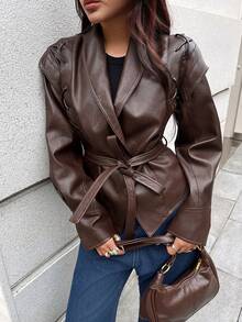 Seelio 秋冬新款女士时尚系带翻领皮夹克 - 棕色 - 查看 6