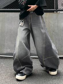 1pc Men's Distressed Vintage Wash Loose Fit Patchwork Design Straight Leg Jeans (Belt And Accessories Not Included) - Grey - View 2