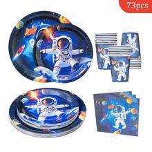 1 Set Astronaut Disposable Plates, Napkins, Cups - Party Supplies For 16 Guests, Disposable Paper Plates Suitable For Birthday, Wedding, Party, Family Picnic - Multicolor - View 1