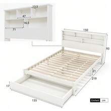 Solid Wood Double Bed With Drawers And Slatted Base, Bookcase For Teenagers And Adults, Children's Bed, 140x200cm White - White - View 5