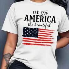 Camiseta de mujer con estampado de la bandera estadounidense 100% patriótica, estilo urbano Y2K, estampado Est. 1776, 180 g.jpg220g WoM-en's 100% Cotton T-Shirt - Feminine and Comfortable FiT-Suitable for all people, whether woM-en or M-enhigh-quality durable fabric suitable for all seans,ft to the touch but built to lastBreathabletops woM.en fall outfiT.S for woM.en vaC.Ation outfiT.S woM.en halloween costume - Blanco - Ver 1