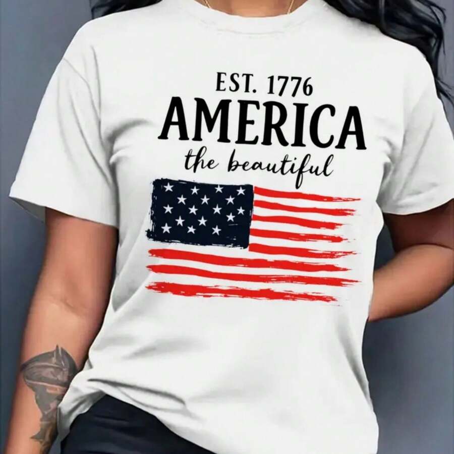 Camiseta de mujer con estampado de la bandera estadounidense 100% patriótica, estilo urbano Y2K, estampado Est. 1776, 180 g.jpg220g WoM-en's 100% Cotton T-Shirt - Feminine and Comfortable FiT-Suitable for all people, whether woM-en or M-enhigh-quality durable fabric suitable for all seans,ft to the touch but built to lastBreathabletops woM.en fall outfiT.S for woM.en vaC.Ation outfiT.S woM.en halloween costume - Blanco - Ver 1
