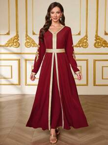 Festival Exclusive Festival Clothing, V-Neck Long Sleeve Gold Embroidery Waist Cinched Luxurious Robe, Collision Of Traditional Craftsmanship And Modern Aesthetics Spring - Burgundy - View 1