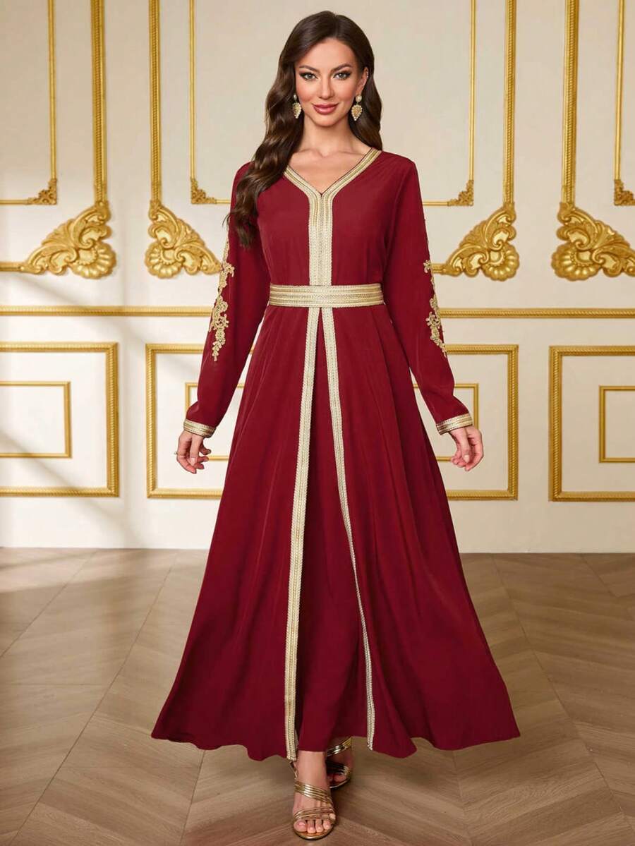 Festival Exclusive Festival Clothing, V-Neck Long Sleeve Gold Embroidery Waist Cinched Luxurious Robe, Collision Of Traditional Craftsmanship And Modern Aesthetics Spring - Burgundy - View 1