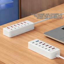WOWSSYO 12合1 66W快充站,6个USB接口+6个Type-C PD快充接口电源集线器,快充Type-C多功能插头/多输出插座,USB集线器,USB适配器,USB-C集线器,USB集线器/多端口集线器,兼容笔记本电脑、手机、平板电脑、游戏机和其他设备 - 白色 - 查看 7