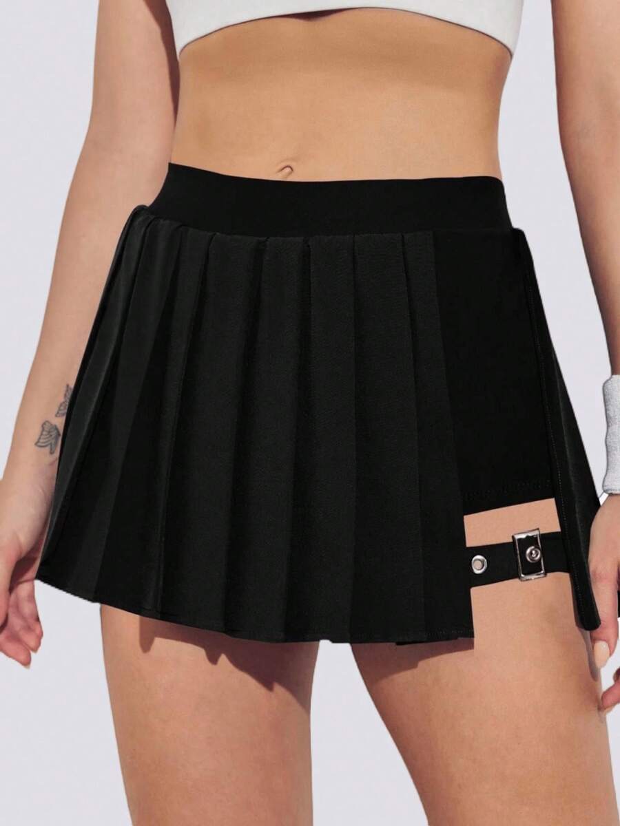 Women's Pleated Tennis Skirt High Waisted Athletic Skorts With Adjustable Buckle And Pocket - 黑色 - 查看 1