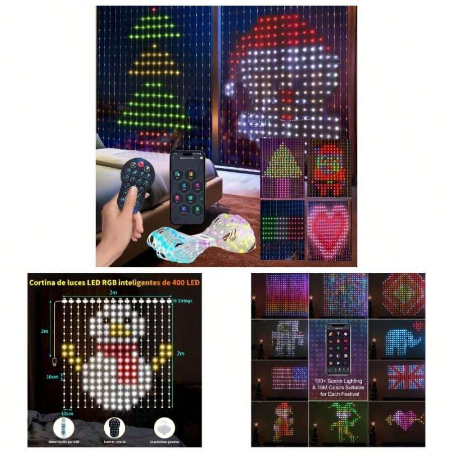 Cortina de Luces 2 * 2 Metros 400, 8 modos luces Inteligentes con Control de APP+ Remoto IR, Patrones y textos, Varios patrones de vacaciones, subir imgenes y otros al para Navidad, Boda - Multicolor - Ver 1