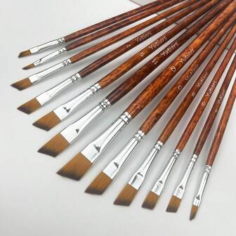 12 Piece Professional Artist Angled Brush Kit – Brown Angled Brushes For Easy Color Blending, Specially Designed For Watercolor, Acrylic, Oil & Gouache Painting