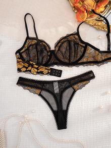 1 Conjunto de lencería de mujer con taza fina con aros, parches de encaje y unicolor, cómodo - Negro - Ver 2