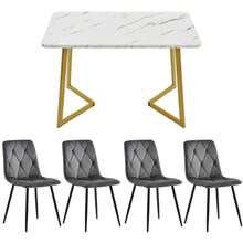 117cm Esstisch Mit 4 Stühlen Set, Rechteckiger Esstisch Moderner Küchentisch Set ,Esszimmerstuhl Dunkelgrau Samt Küchenstuhl,Golden Tischbeine - Gray2 - View 6