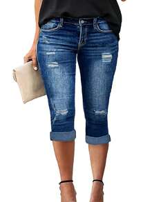 Plus Size Women's Cuffed Distressed Denim Jeans, Suitable For Work And Casual Occasions Summer - Blue - View 2