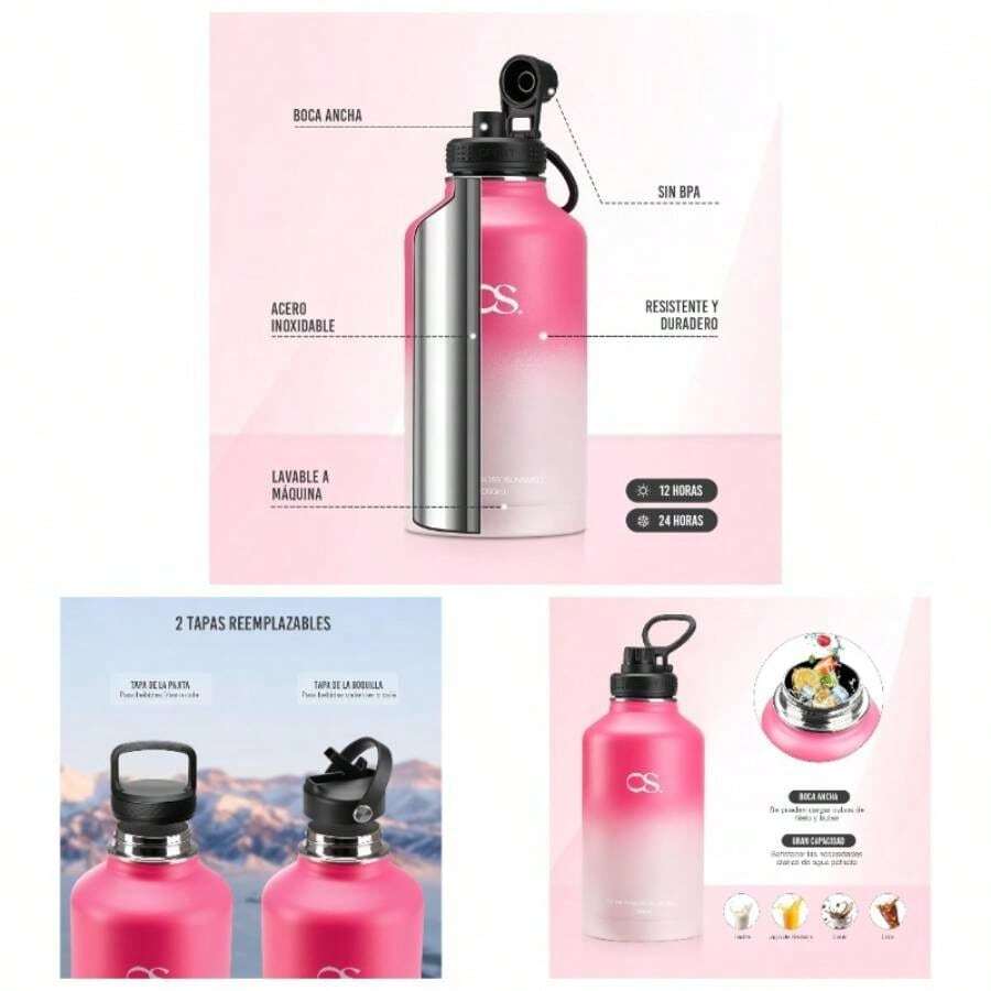 Termo de Acero Inoxidable con 2 Tapas, Termo Para Caf, Agua Fra 24 Horas o Caliente 12 Horas, Tapa Hermtica Antigoteo, Botella de Agua Metlica para Gimnasio, Sin BPA Blanco - Negro, 1200ml - Rosa + 2 Litros - Ver 1