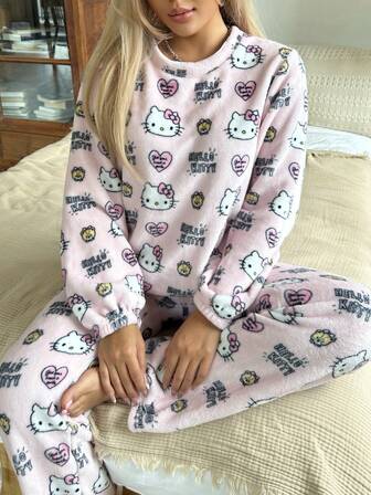 Sanrio 2pcs Hello Kitty Women Plush Crew Neck Long Sleeve Top And Elastic Waist Pants Cute Lounge Set, Fluffy Winter Clothes