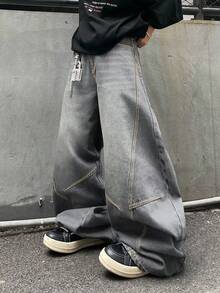1pc Men's Distressed Vintage Wash Loose Fit Patchwork Design Straight Leg Jeans (Belt And Accessories Not Included) - Grey - View 4