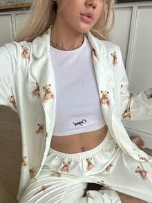 Nina Bonheur 2pcs Women Bear Print Button Front Long Sleeve Pajama Set - Shirt + Drawstring Pants, Cute Sleepwear Suit - Apricot - View 7