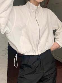 Chaqueta con cuello alto y protección solar para mujer Chaqueta deportiva corta de manga larga con cremallera y cordón ajustable para el verano Chaqueta corta y ligera para mujer Prenda exterior versátil, transpirable y con protección UV para el verano, recién llegada Prenda con cuello alto y protección solar - Blanco - Ver 7