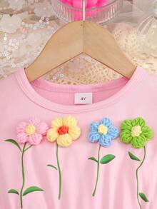 1 szt. Dziewczęca sukienka z nadrukiem w kwiaty i kolorowym kwiatowym siateczkowym brzegiem, patchworkowa, odzież na zewnątrz, wiosna/lato - Różowy - Zobacz 4