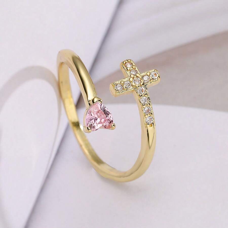 1pc Elegant Copper Zirconia Cross & Heart Design Ring, High Quality Jewelry Gift For Women, Party/Date Occasion - Pink - View 1