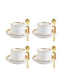 1 Set Ceramic Cup & Saucer Set, Ceramic Tea Cup And Plate, Coffee Cup And Saucer, European Style Gold Rim Drinkware For Breakfast, Tea Party, Ramadan Afternoon Tea, Home, Garden, Restaurant, Suitable For Summer And Winter - White - View 12