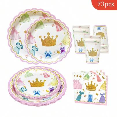 Đĩa, khăn ăn, cốc dùng một lần hình vương miện công chúa và cánh hoa - Đồ dùng tiệc tùng cho 16 khách, thích hợp cho sinh nhật, đám cưới, tiệc tùng, dã ngoại gia đình