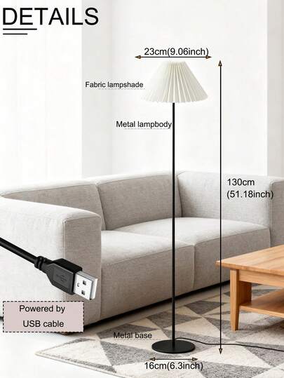 1pc Minimal Vloer Lamp USB Plug, Wit Pleated Lampshade Moderne Living Room, Bedroom, Desk, Bedside, Vintage, Warm Light, Sc inavian view 4