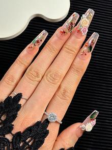 Coffin Nails French Press-On Nails With 3D Hand-Painted Floral Art, Crystal Rhinestones & Gold Glitter Designs, Multicolor DIY Glossy Artificial Full-Cover Nail Set, 10pcs/Bag - Multicolor - View 3
