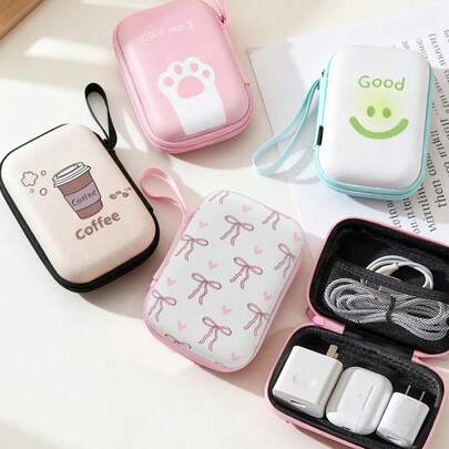 蝴蝶结心形耳机线充电器收纳袋，耳机盒，卡通创意防摔拉链袋