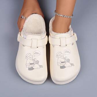 Women's Santa Claus Gift Holiday Pattern Closed Toe Winter Lined Slip-On Pink Chef Shoes, Adjustable Buckle Lightweight EVA Warm Comfortable Indoor Anti-Slip Slippers Clogs Work Shoes