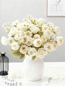 1/80pcs Artificial Rose & Daisy Flower Bouquet - Perfect For Weddings, Engagements, Birthdays And Home Decor - Versatile Fake Floral Arrangement Suitable For Living Room, Bedroom, Garden And Outdoor Spaces - White - View 4