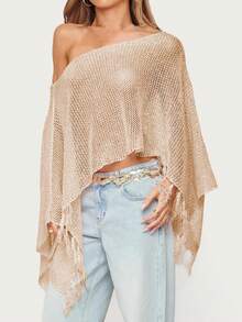 Womens Batwing Sleeve Asymmetrical Sparkly Glitter Poncho Top Crochet Hollow Out See Through Shrug Shawl Summer Beach Cover Ups With Tassel - Rượu sâm banh - Xem 3