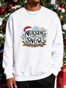 Manfinity Homme Sudadera con estampado navideño "Nursing Through the Snow", para enfermeros, adecuada para fiestas navideñas y reuniones familiares, con diseño festivo y cómodo de llevar - Blanco - Ver 1