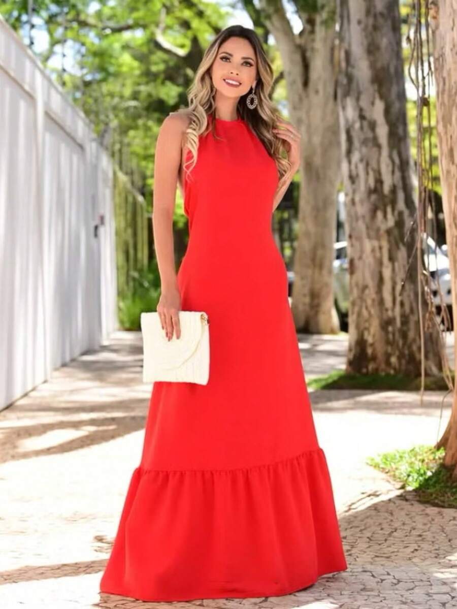 Women's Backless Halter Dress With Padded Cups H-6 - Rojo - Ver 1