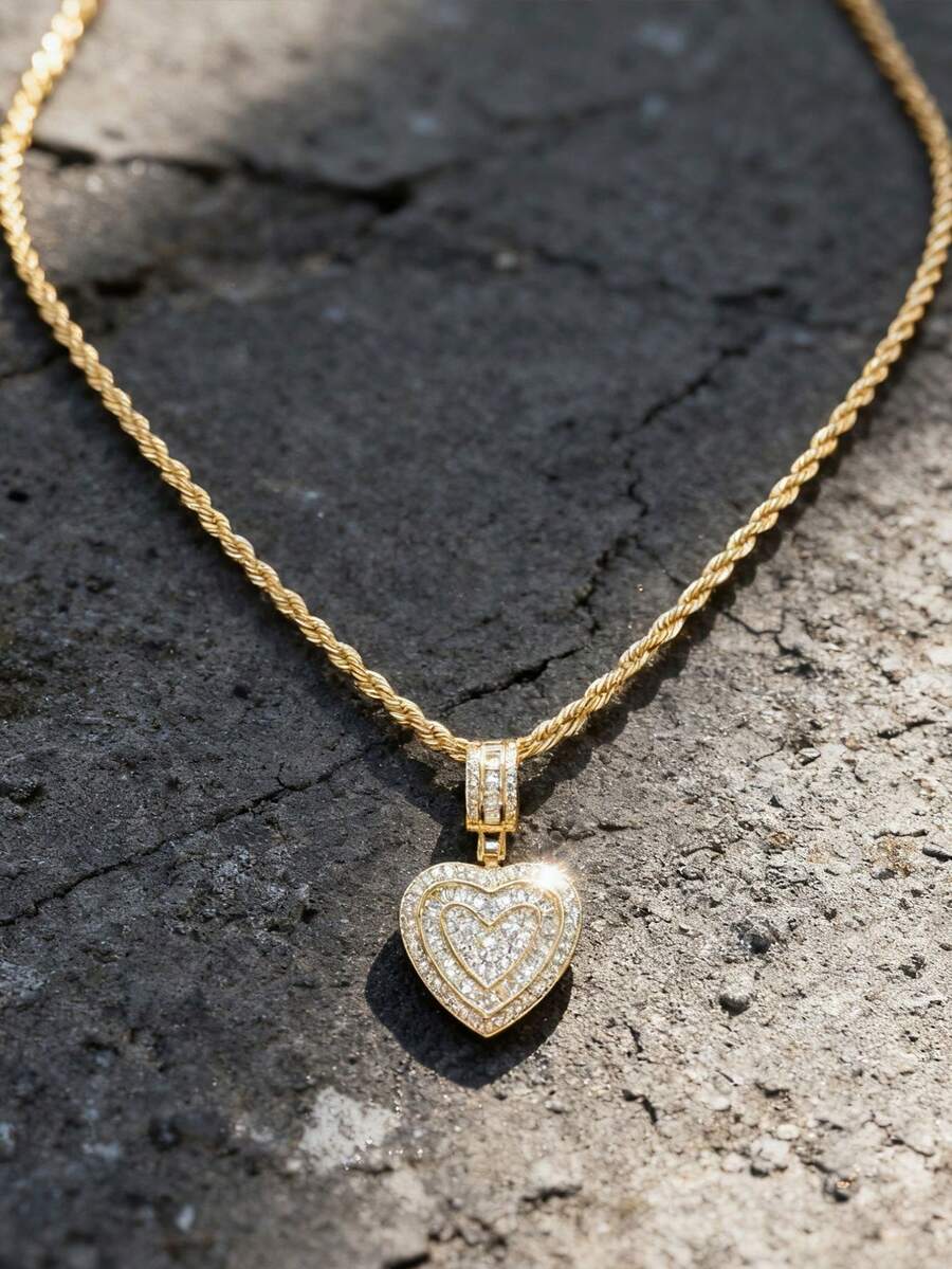 1pc Gold Plated Heart Pendant Necklace Women Men Vintage Fashion Twist Necklace Daily Wear Music Festival Hip Hop Jewelry Gift For Girlfriend Wife Couple