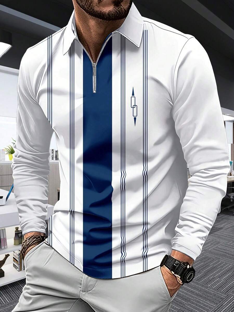 Camisa polo de manga larga con media cremallera, a rayas azul y blanco, de estilo deportivo casual para hombre. Prenda con cuello ideal para el trabajo, el trayecto y como regalo versátil para novio o esposo, para primavera/otoño