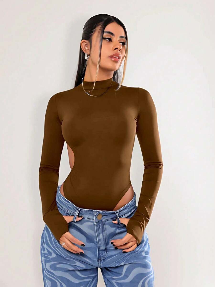 Women's Long-Sleeved Backless Bodysuit In Cool Fabric, Fashionable Blogger Style, Basic - Rust Brown - View 1