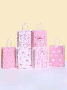 12pcs Valentine's Day Pink Bow Theme Party Gift Bags - Elegant Paper Gift Bags With Handles, Suitable For Weddings, Valentine's Day, Bridal Showers, Birthdays And Special Occasions, Decorated With Bows, Stars And Geometric Patterns, Primarily In Pink Tones, Wedding Party Favors | Distinctive Bow Design | Sturdy Handles Bags, Bridal Shower Gifts - Multicolor - View 5