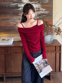 Y6Y 2025新款圣诞红色露肩长袖女式针织毛衣，荷叶边修身套头衫，适合秋冬季穿着 - 紅色 - 查看 15