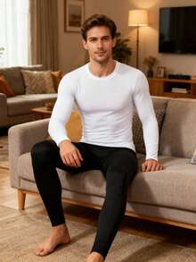 4-Piece Men's Underwear Set: Long-Sleeved Shirt And Pants, Suitable For Breathable Fabric, Men's Round-Neck Long-Sleeved T-Shirt Set, Home Wear Set: Shirt And Pants. - White + Black - View 4